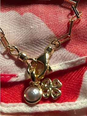 Charm Bracelet with Bezeled Pearl & Clover with Pink CZ  Stones Carabiner Clasp